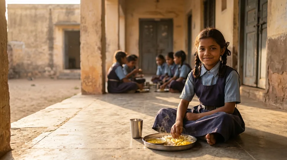 A girl eating a school meal with her classmates