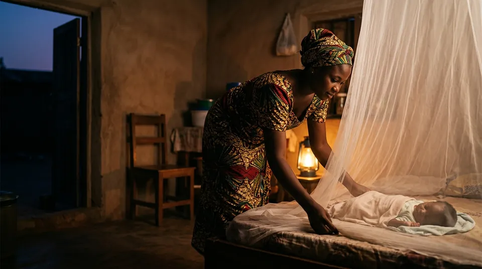 A mother tucking her baby in under a mosquito net