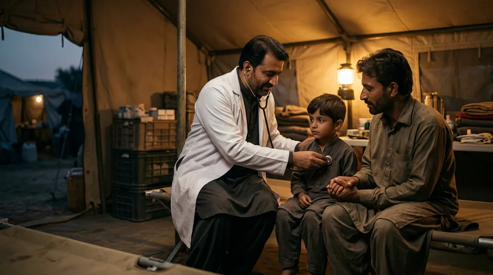A doctor checking a boy in a field clinic, his father beside him