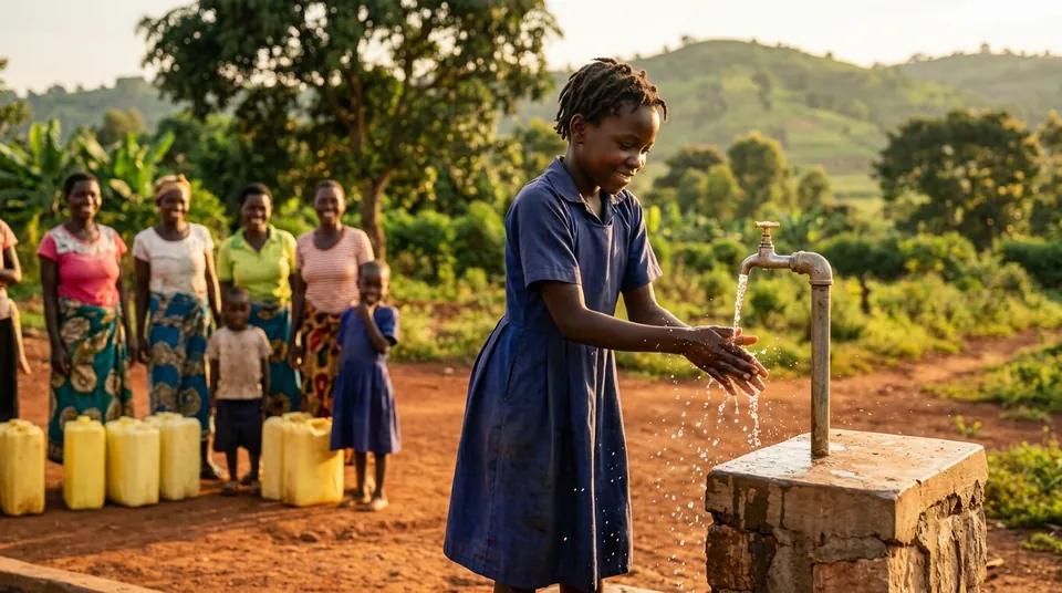 A girl washing her hands at a village water tap
