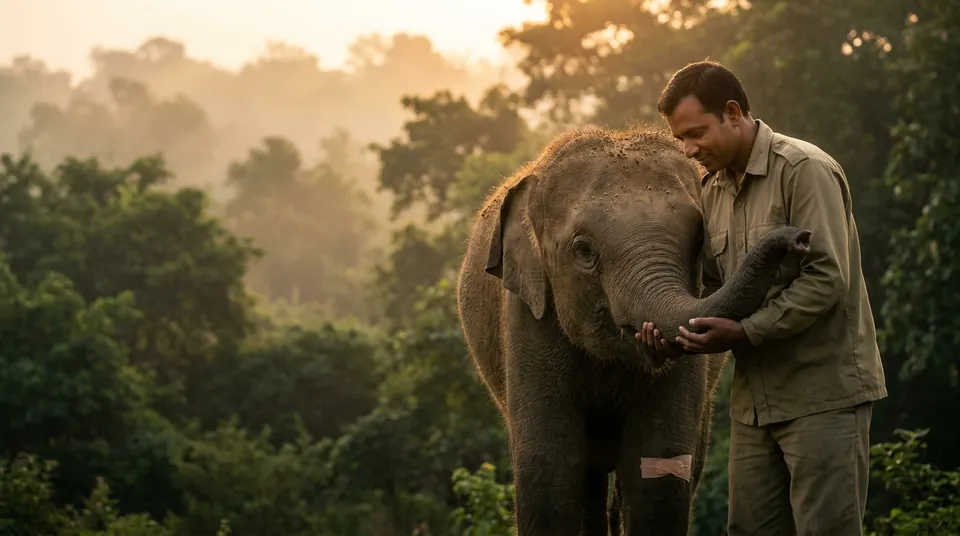 A vet with a rescued baby elephant